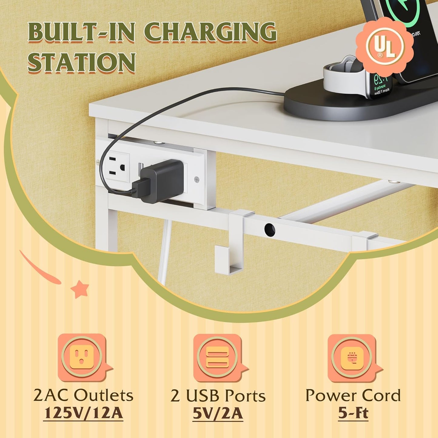 WLIVE 42''W White Dresser for Bedroom with Hanging Rack, 3 Drawer Dresser with LED Lights & Charging Station, Fabric Dressers & Chest of Drawers, Storage Organizer with Open Shelves for Living Room