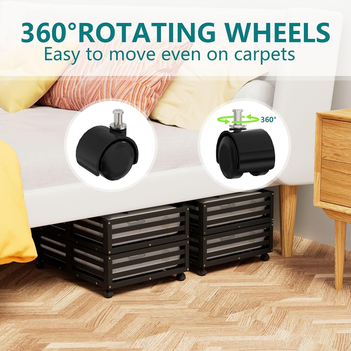 Bamboo Under Bed Storage Containers- Underbed Organizer with Wheels with Large Capacity Dust Bag,Sturdy Wood Rolling Under Bed Shoe Storage Organizer 2 Packs (Black, 2 Packs (23.62"×16.54"))