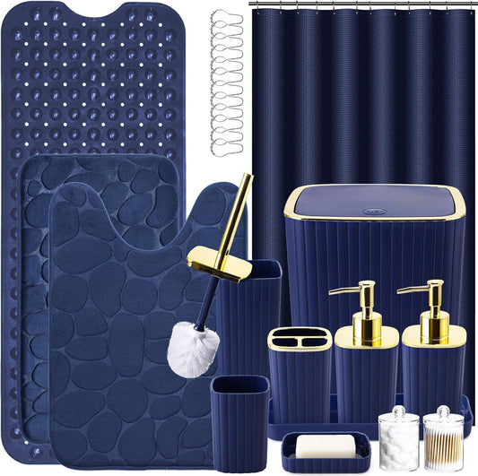 26PC Bathroom Accessories Set - Gorgeous Blue Bathroom Set, Bathroom Accessory Set, Navy Blue Shower Curtain Set with Bathtub Mats for Shower Tub