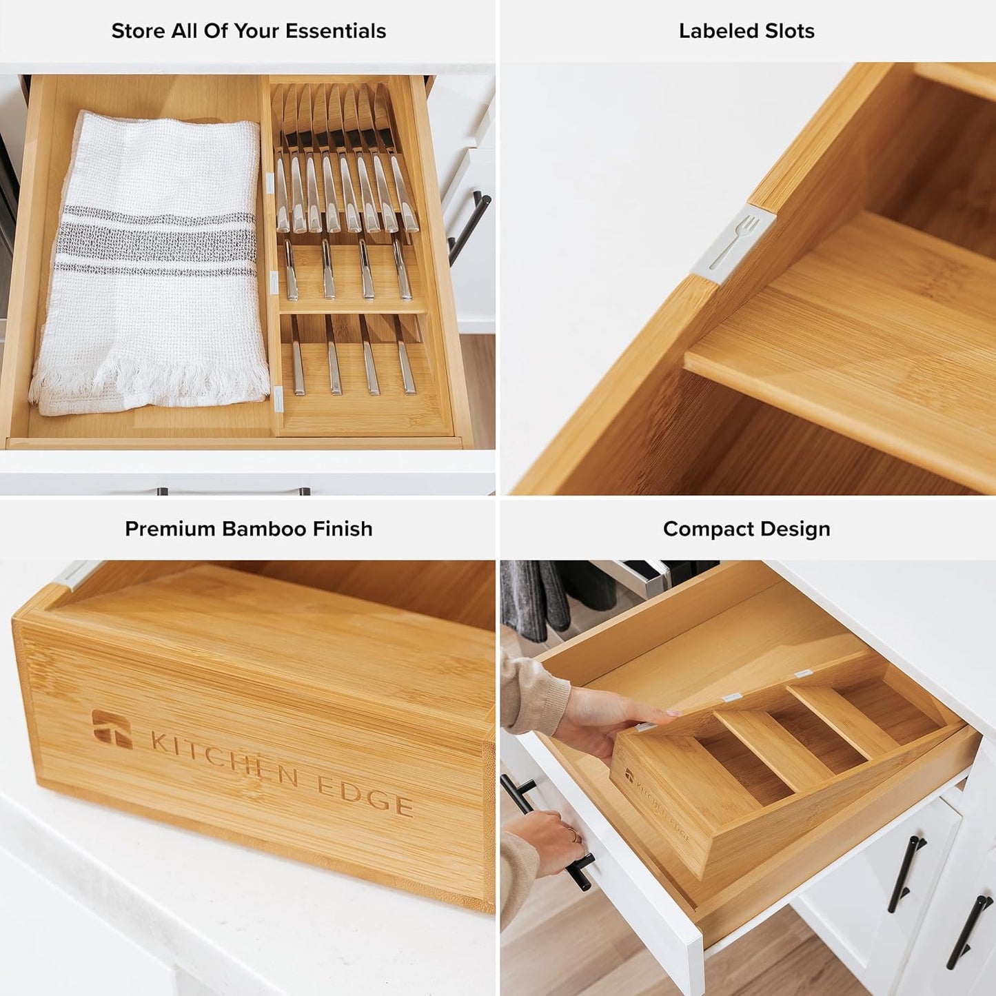 KitchenEdge Premium Cutlery, Flatware, and Silverware Drawer Organizer – Slanted 3-Compartment Design with Labeled Slots, Non-Slip Feet, 100% Sustainable Bamboo