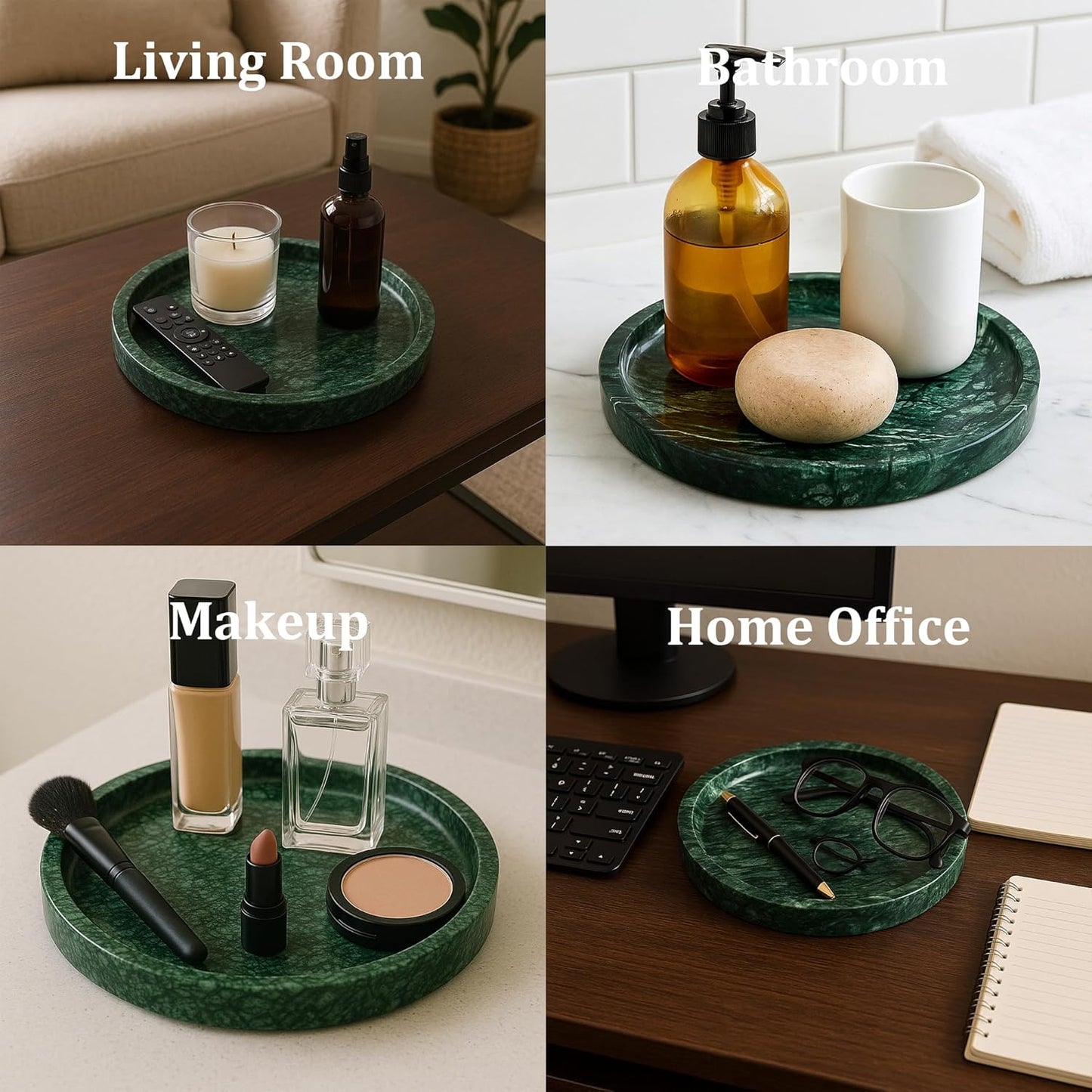 Round Marble Vanity Tray - Diameter 7.87" Natural Green Stone Tray for Bathroom Perfume Jewelry Makeup - Decorative Marble Catchall Dish for Vanity Countertop Organizer