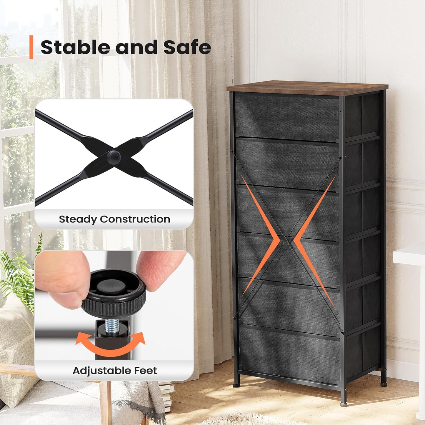 Crestlive Products Vertical Dresser Storage Tower - Sturdy Steel Frame, Wood Top, Easy Pull Fabric Bins- Organizer Unit for Bedroom, Hallway, Entryway, Closets - 6 Drawers (Rustic Brown)