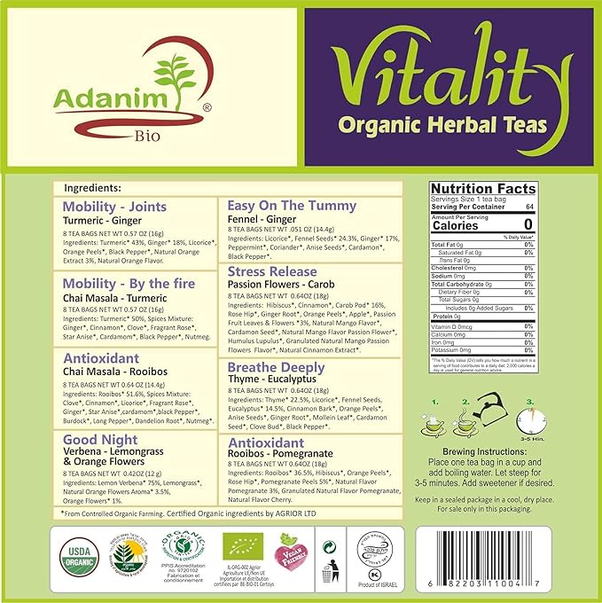 Adanim Bio Vitality Organic Herbal Tea Sampler Tea Set Variety Pack 8 Flavors Assorted Tea 64 Individually Wrapped Tea Bags Caffeine Free Natural Ingredients Christmas Tea Birthday Gift Box for Women