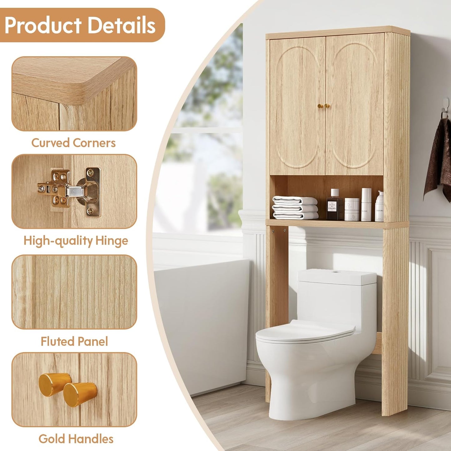 Fluted Over The Toilet Storage Cabinet, Bathroom Toilet Storage Cabinet with Door, Wood Curved Over The Toilet Space Saver Cabinets for Restroom Bathroom, Natural