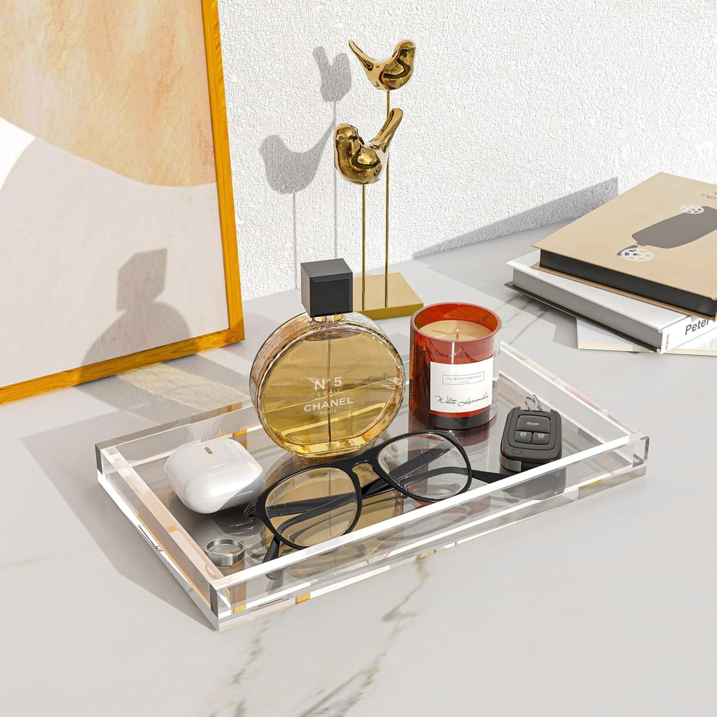 Vanity Tray 8mm Thicken Clear Acrylic Organizer Tray 10.5 * 6" for Bathroom Sink Countertops, Dresser Tops, Toilet, Perfume, Soap, Rings, Earrings and Necklace Small Decorative Tray for Home