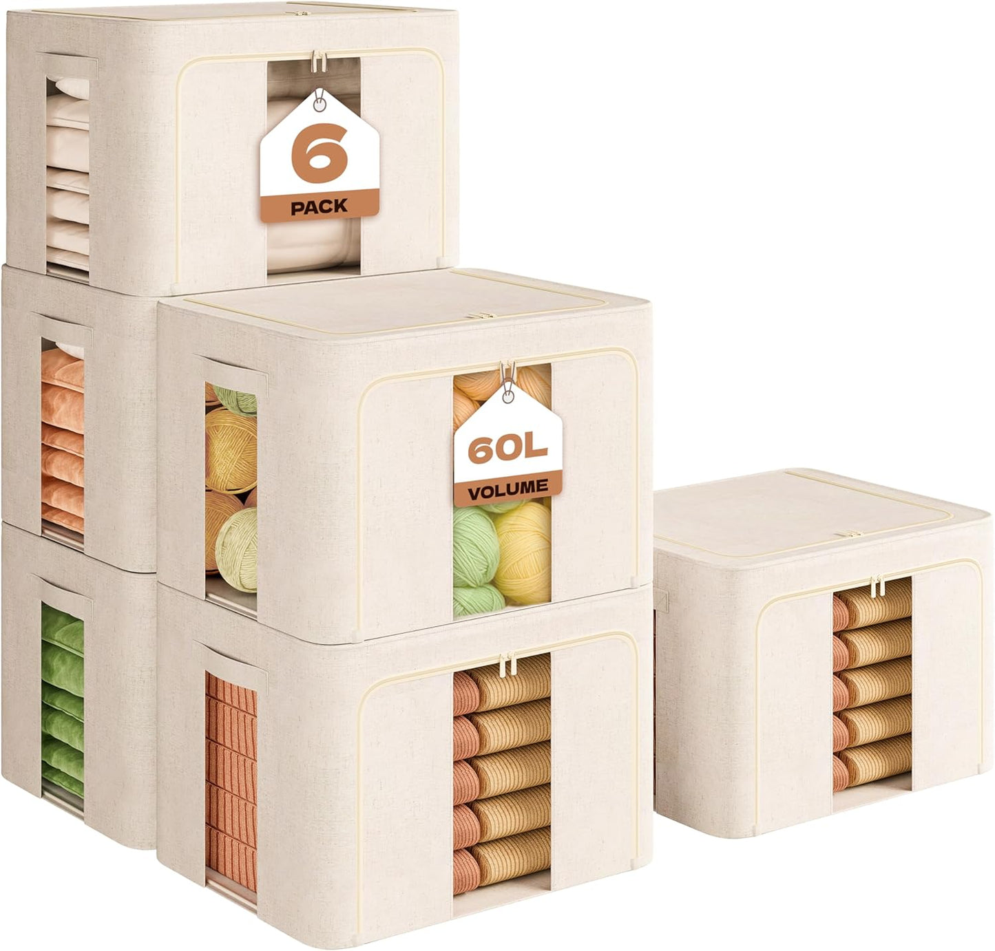 6Pack 60L Large Cloth Storage Bins with Metal Frame, Linen Storage Box with Clear Window, Stackable Sweater Storage for Closet, Clothes Containers for Comforters, Blankets, Quilts, T-shirt