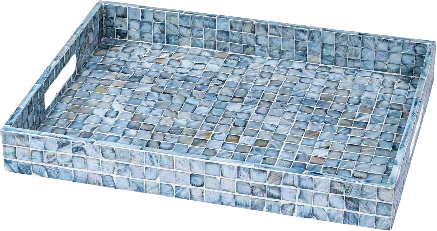 PEMAR Rectangular Mother of Pearl Serving Tray Nacre Wood Lap Ottoman Tray for Coffee Table, Luxury Decorative Handmade Eating Platters w Insert Handles (Blue)