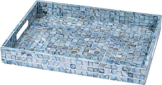 PEMAR Rectangular Mother of Pearl Serving Tray Nacre Wood Lap Ottoman Tray for Coffee Table, Luxury Decorative Handmade Eating Platters w Insert Handles (Blue)