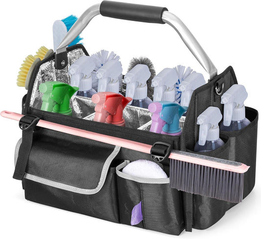 Wearable Cleaning Caddy Organizer, Cleaning Supplies Bag with Divider & Support Pad, Cleaner Tote with Handle & Detachable Shoulder Strap, Housekeeping Storage Box with Multi Pockets, Bag Only