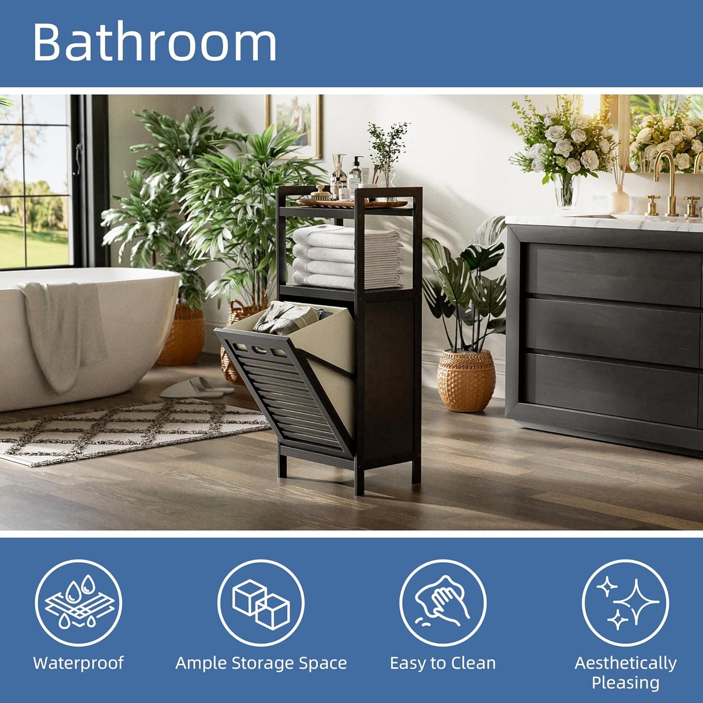 HITNET Tilt Out Laundry Hamper, Bamboo Bathroom Cabinet with Pull Out Removable Bag and 2 Tier Storage Shelves, 8.5 Gallon Clothes Basket with Metal Handle, Black