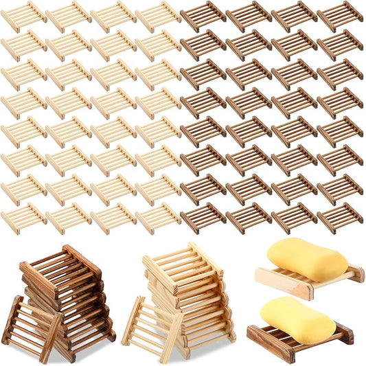 Amyhill 100 Pcs Bamboo Wood Soap Dish Bulk Bathroom Wooden Soap Holder Savers Self Draining Dishes Handcraft Tray, 3.3 x 3.3 x 0.67 Inch (Wood Color,Charcoal Color)