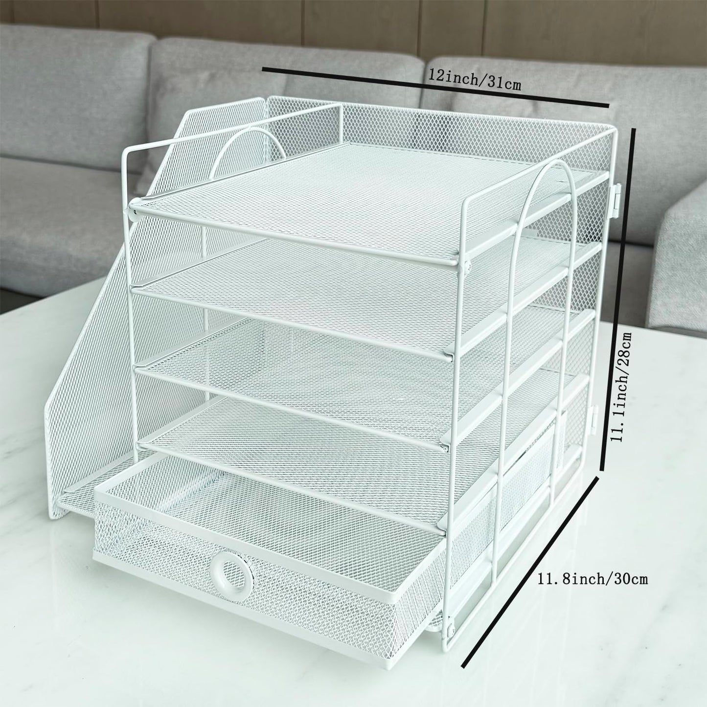 5-Tier Paper Letter Organizer with File Holder, Desk Organizer with Drawer, Mesh Desktop Storage with Magazine Holder for Office Supplies (White)