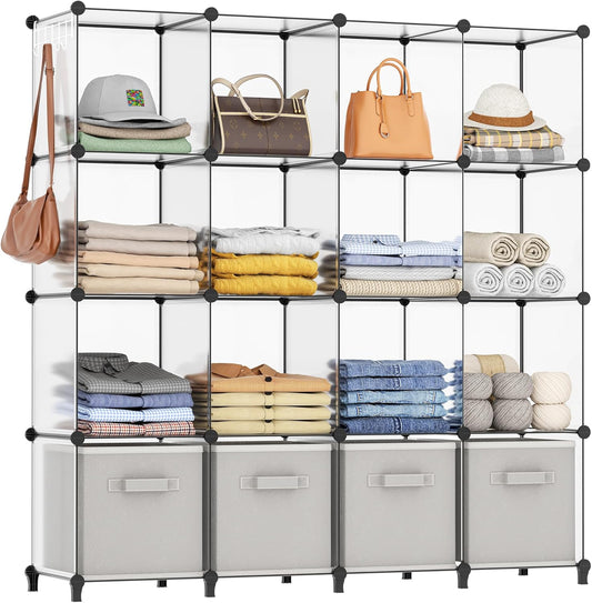 HOMIDEC Closet Organizers and Storage, 16 Cube Storage Organizer, Closet Organizer Bookshelf Cubes Shelves for Clothes, Bedroom, Kids Room, Bathroom, Wardrobe, Garment Racks, Transparent