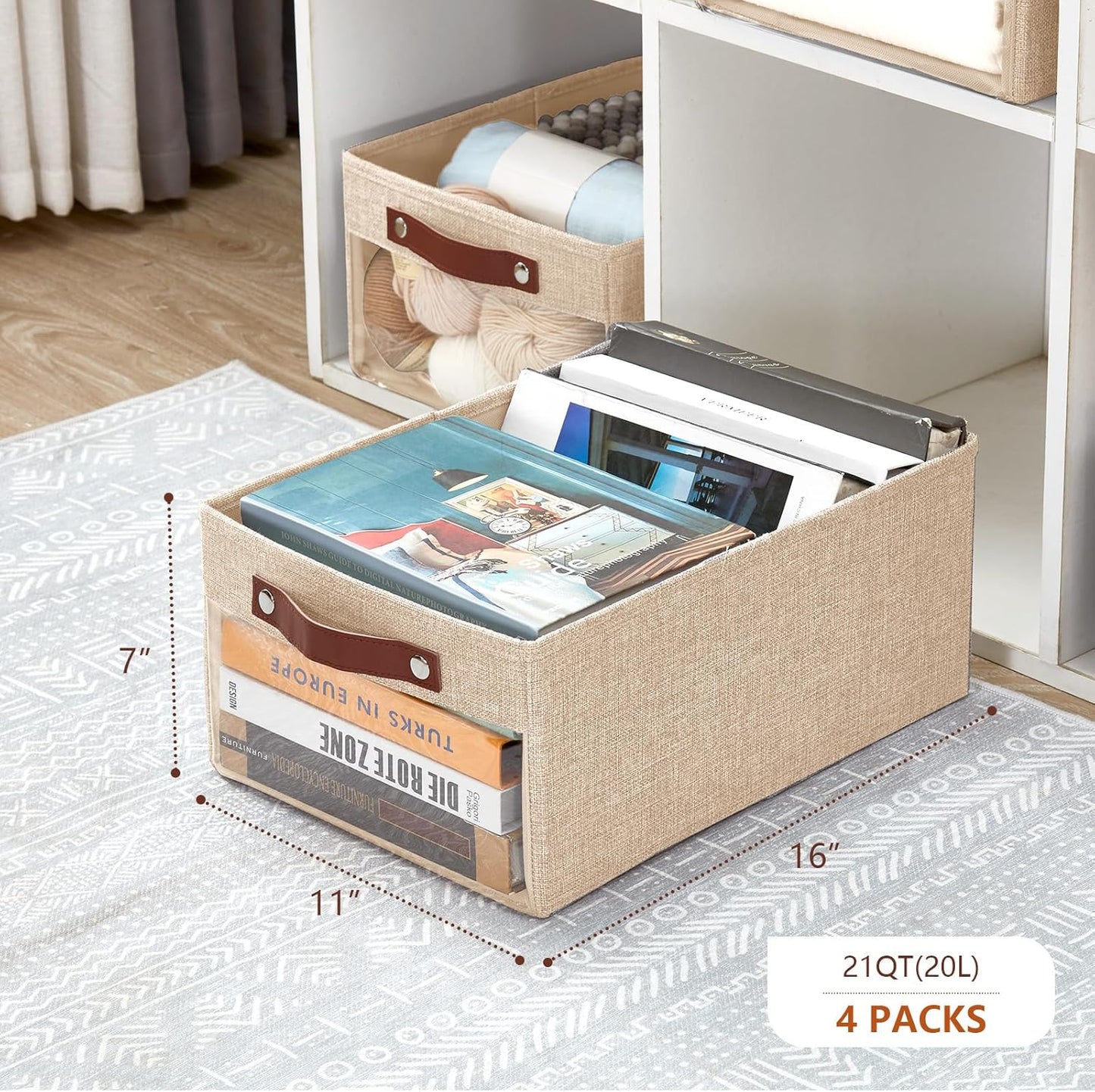 Medium Storage Baskets with Clear Window, See Through Closet Organizer with PU Handles, Linen Foldable Storage Bins for Organizing Clothes, Toys, Books (Khaki)