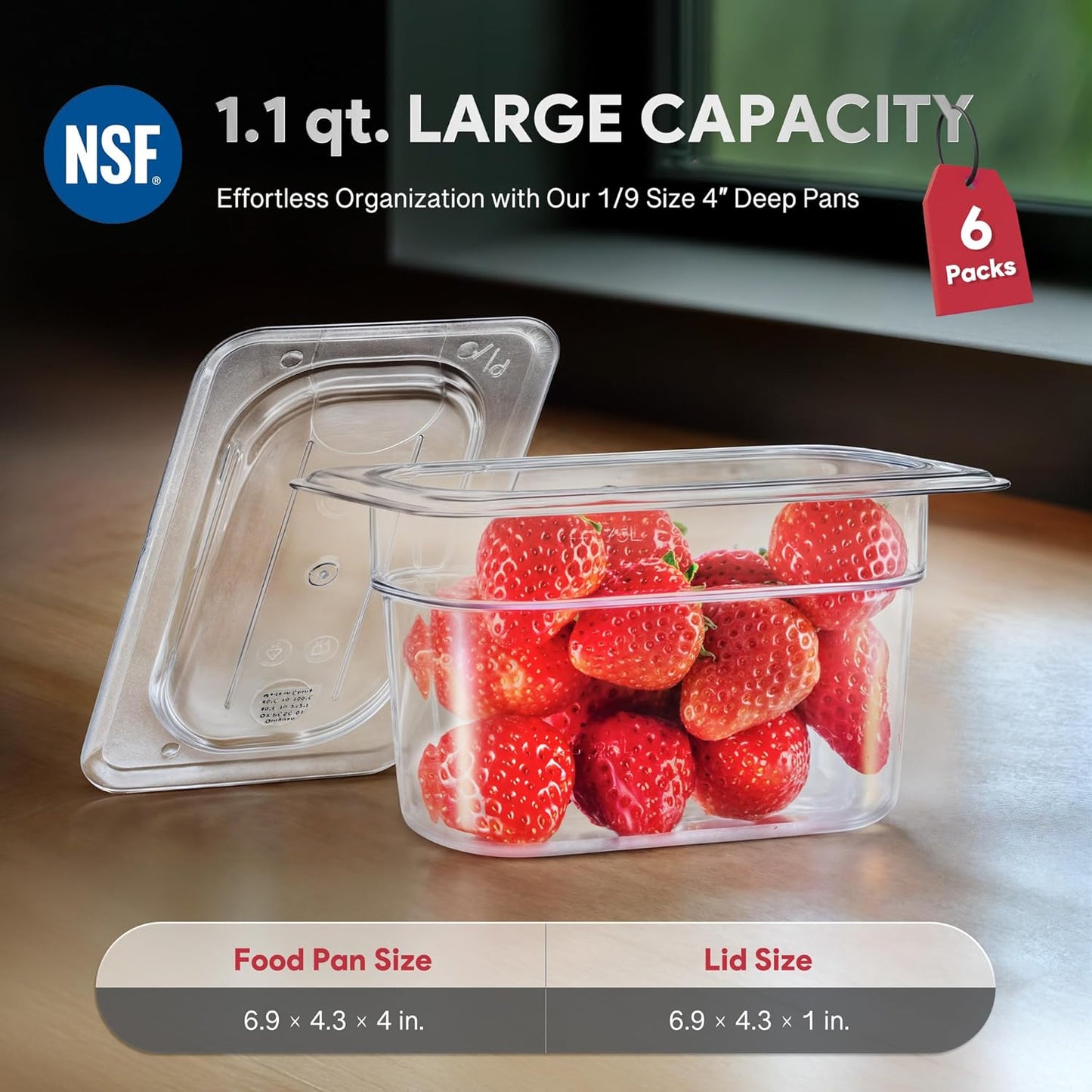 WILPREP 6 Pack Plastic Food Pans with Lids NSF Listed, 1/9 Size 4 in Deep Clear Food Storage Containers, 1.1 qt Stackable Polycarbonate Commercial Hotel for Fruits Vegetables Beans Corns