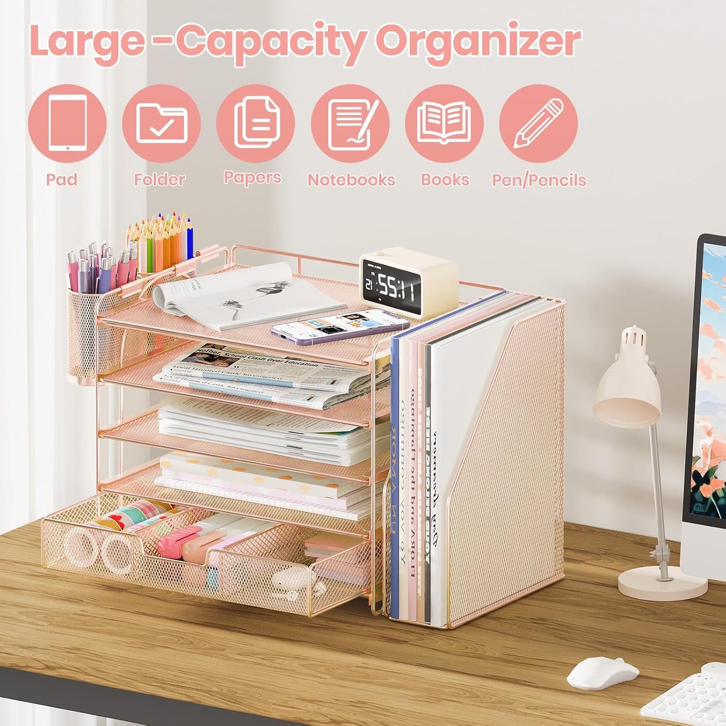 Desk Organizers and Accessories with File Holder, 5-Tier Office Desk Accessories & Workspace Desktop Organizer with Drawer and 2 Pen Holder, File Paper Organizer for Office Supplies(Rose Gold)