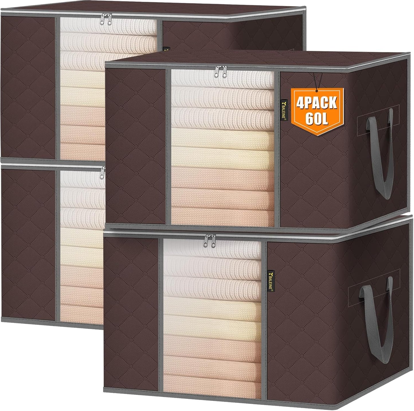 BALEINE 4 Pack Clothes Storage Bags, 16 Gallon Storage Containers with Reinforced Handle, Sturdy Zipper, Closet Organizer for Blanket, Comforter, Pillow, Bedding (Brown, 4 Pack)