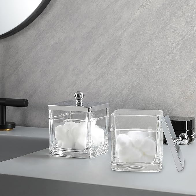 Glass Cotton Jar Holder 2 Pack– Silver/Chrome Lid, Elegant Bathroom Storage Canister for Qtips, Cotton Balls, Floss, Makeup Organizer, Vanity & Bathroom Organization