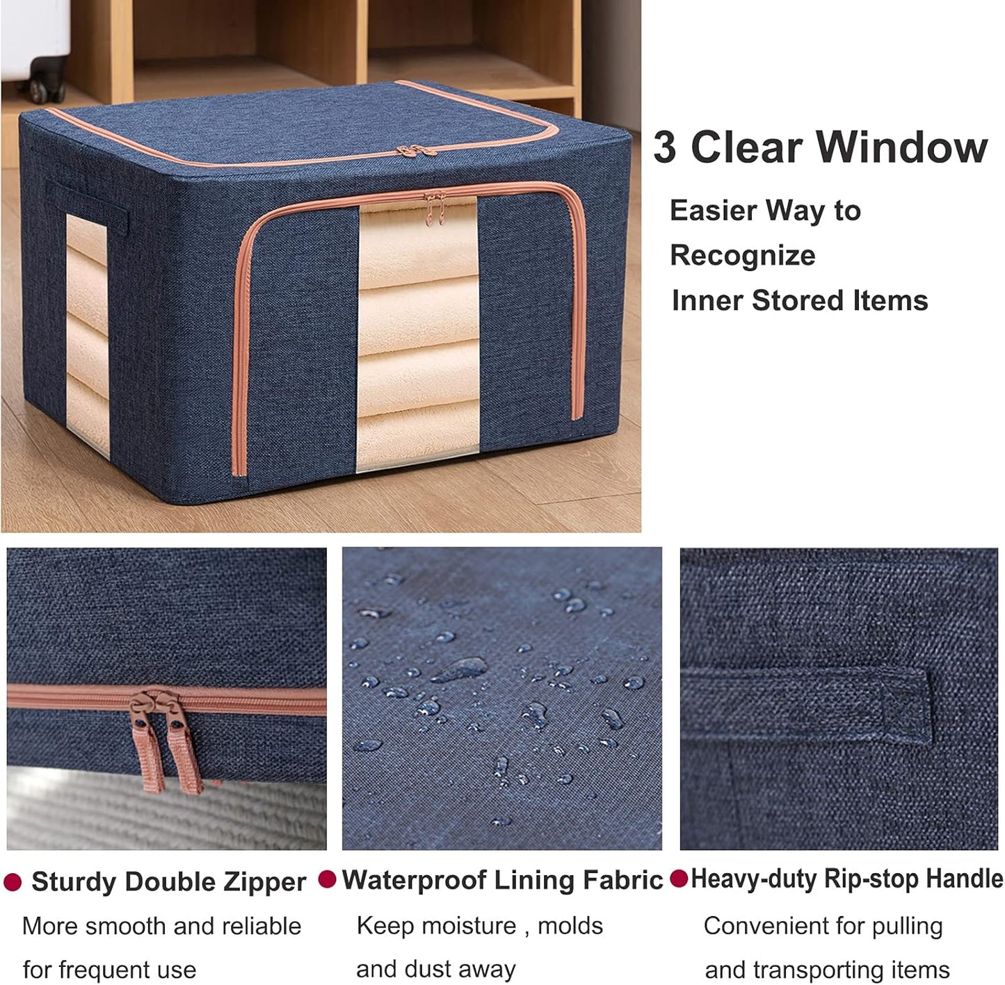 100L Large Capacity Clothes Storage Organizer,Stackable Storage Bags with Foldable Metal Frame, Zipper, Handles, Clear Window, Storage Container Box for Blanket Sweater Comforter Pillow (Navy 2Pack )
