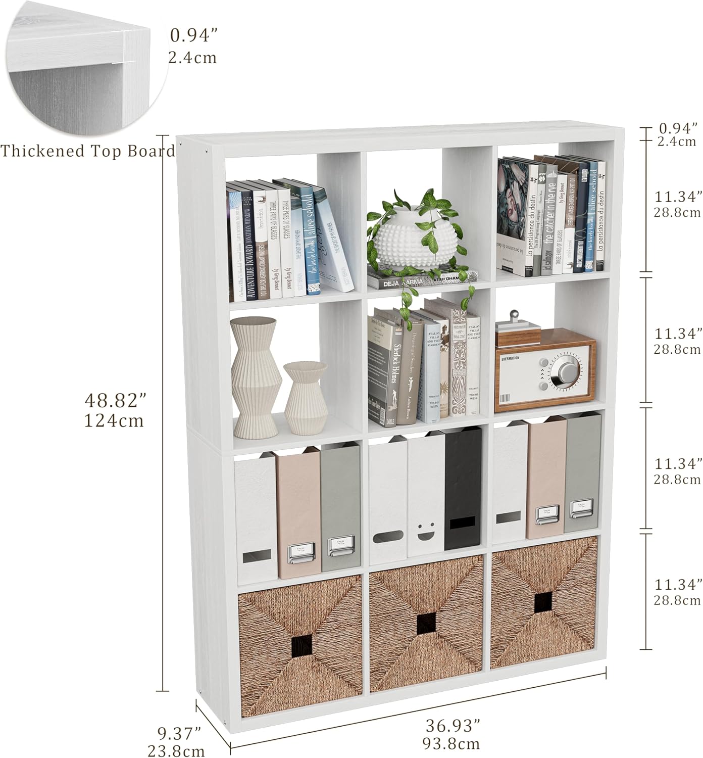 Cube Storage Organizer Bookcase, Decorative 11 inch Open Back Cubical Shelf with Thickened Border, Display Bookshelf for Living Room, Home Office, Sturdy Room (White, 12 Cube)