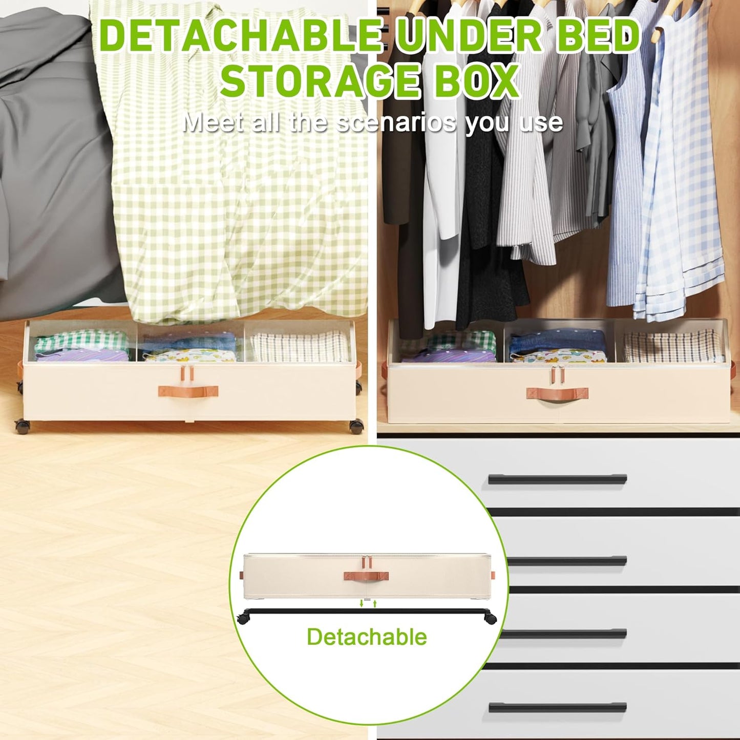 Under Bed Storage with Wheels, 2 Pack Under Bed Storage Containers with Dividers & Clear Lids, Under the bed storage Organizer Bins,Underbed Storage with Wheels for Clothes,Toys,Shoes (White, 2 Pack)