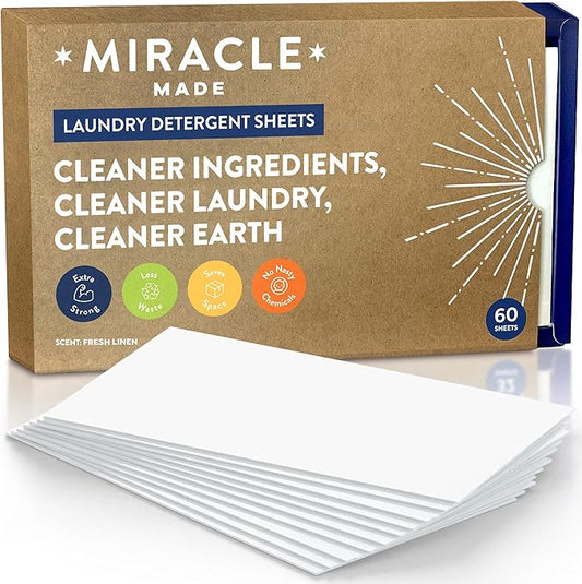 Miracle Made Liquidless Laundry Detergent Sheets – Eco-Friendly, Gentle Fabric Softener – No Dye, Bleach, or Paraben – 60 Strips (120 Loads) – Fresh Linen Scent