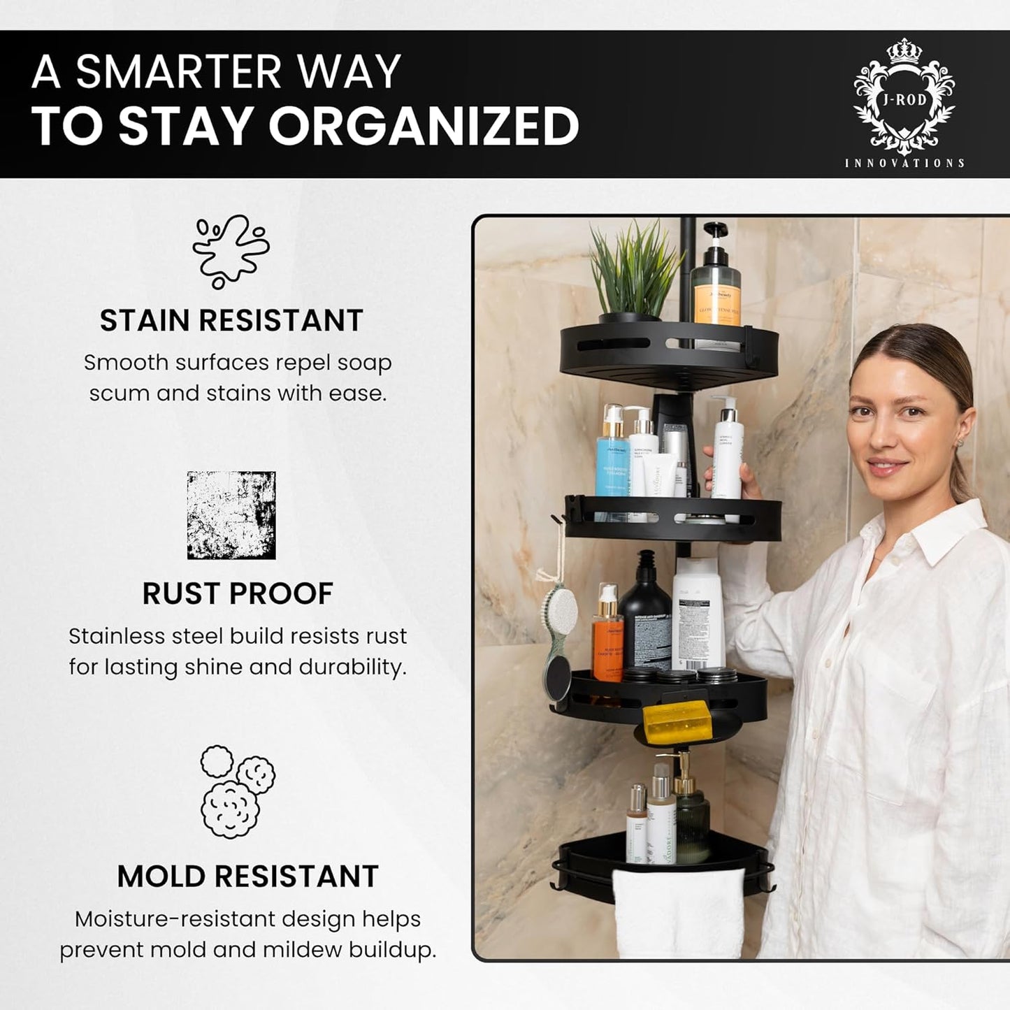 Rustproof Corner Shower Caddy-Tension Pole-LUXURY Model-4 Adjustable Baskets Bath Tub Corner Shower Caddy fits up to 114" ceiling,Bathroom Organizer with Towel Bar, Hooks & Soap Dish (Black)