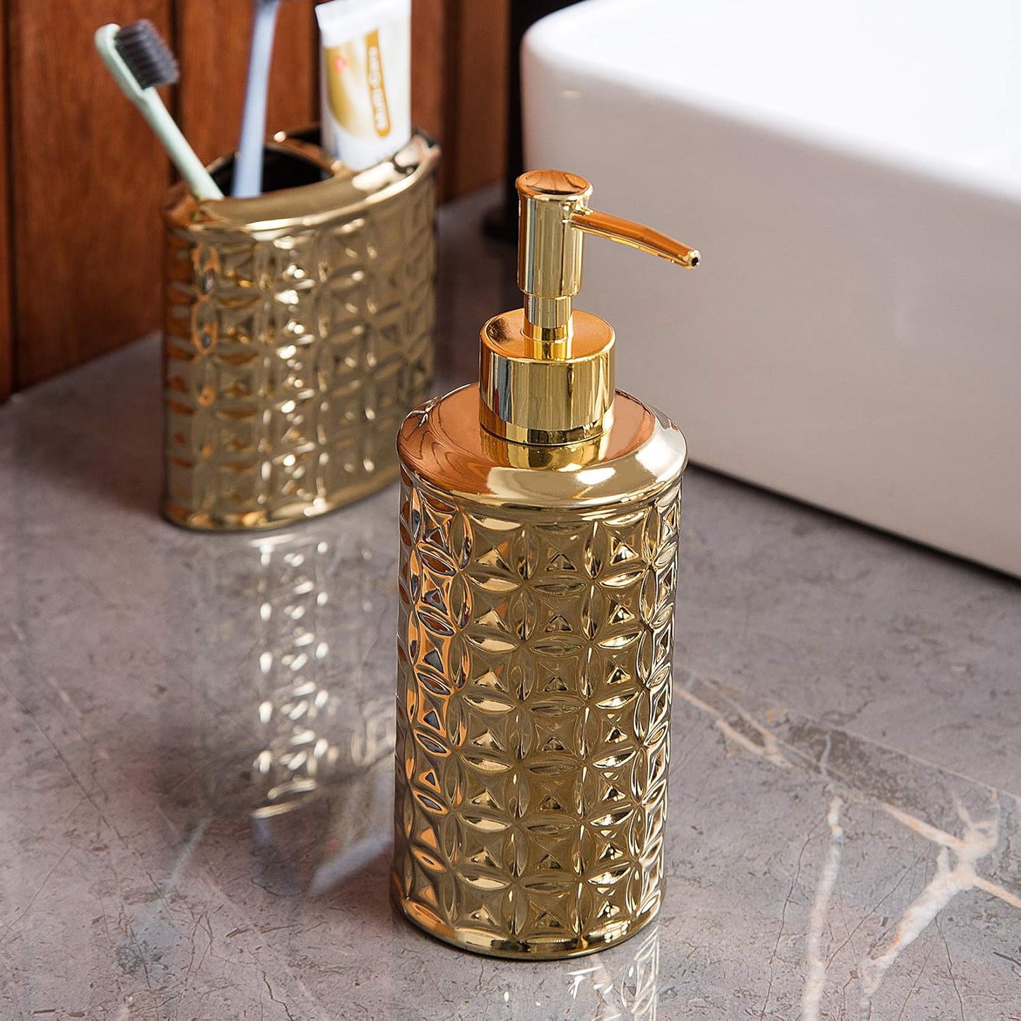 Gold Bathroom Accessory Set, 4-Piece Ceramic Bathroom Decorations Accessories Sets Includes Lotion Dispenser, Toothbrush Holder Tumbler and Soap Dish