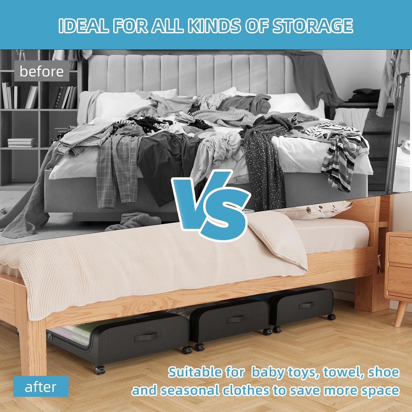 Under Bed Storage Containers, Under Bed Shoe Storage With Wheels, Bedroom Storage Organization with Handles, Under Bed Storage Bins Drawer For Clothes, Blankets And Shoes, Bedding