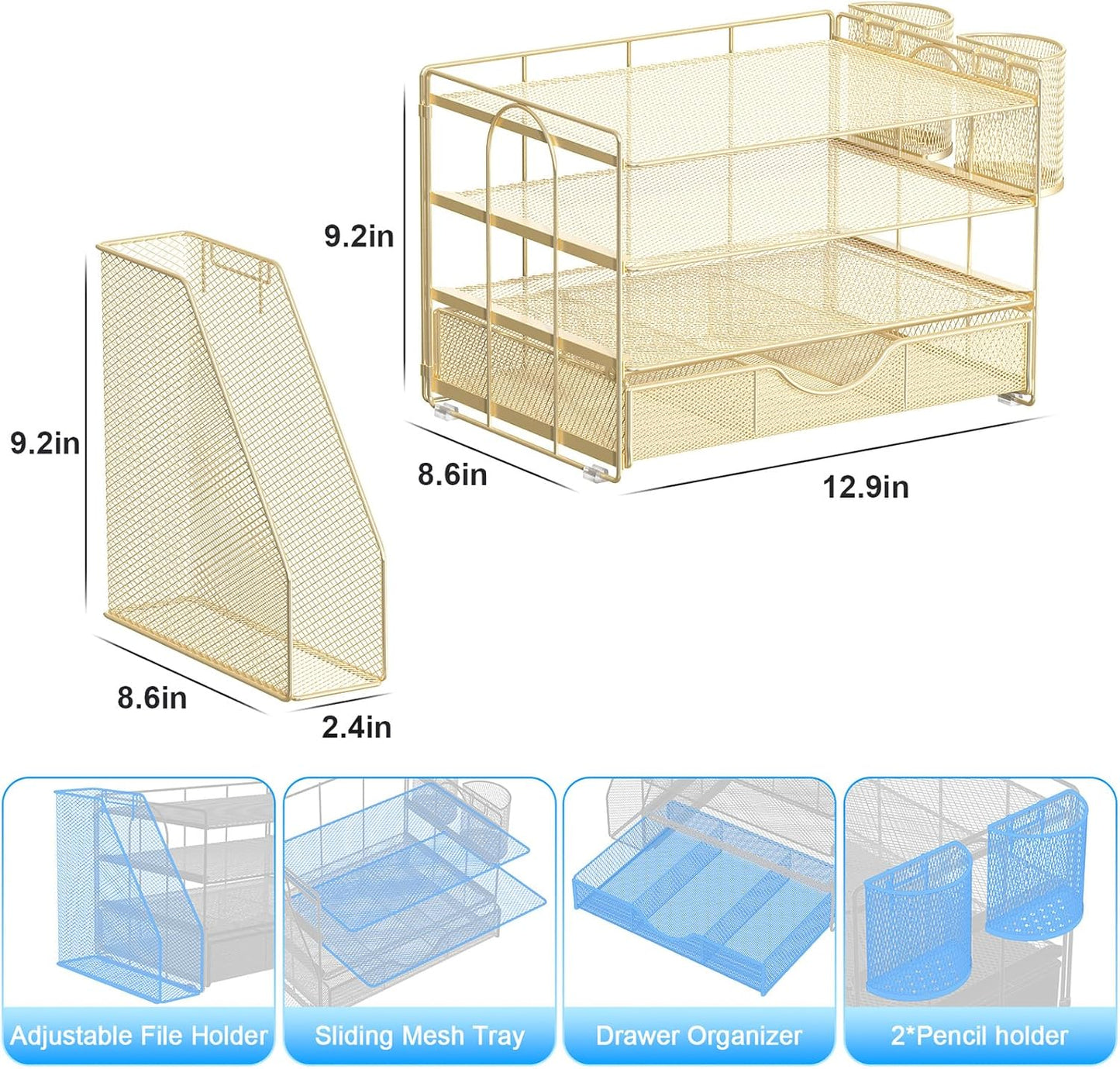 gianotter Desk Organizers and Accessories with File Holder, 4-Tier Desk Accessories & Workspace Organizers with Drawer and 2 Pen Holder, Paper Organizer for Office Supplies(Gold)