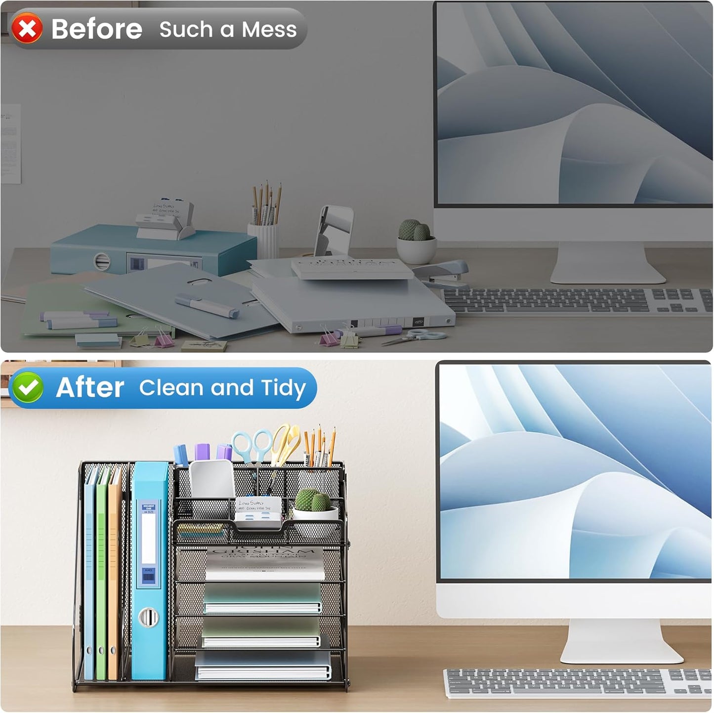 Lavatino Desk Organizer, 5-Tier Metal Mesh Paper Letter Tray with 2 File Holders & 7 Flexible Dividers for Office or Home Desk Organizers and Accessories, Keep Workspace Supplies Neat, Black