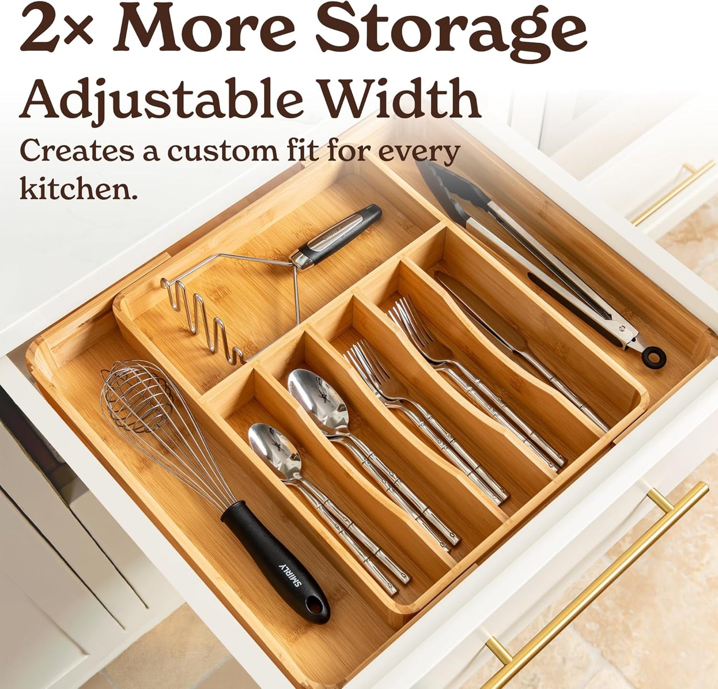 SMIRLY Silverware Drawer Organizer – Bamboo Kitchen Drawer Organizer, Adjustable Utensil Holder and Cutlery Tray, Drawer Dividers for Flatware and Kitchen Utensils