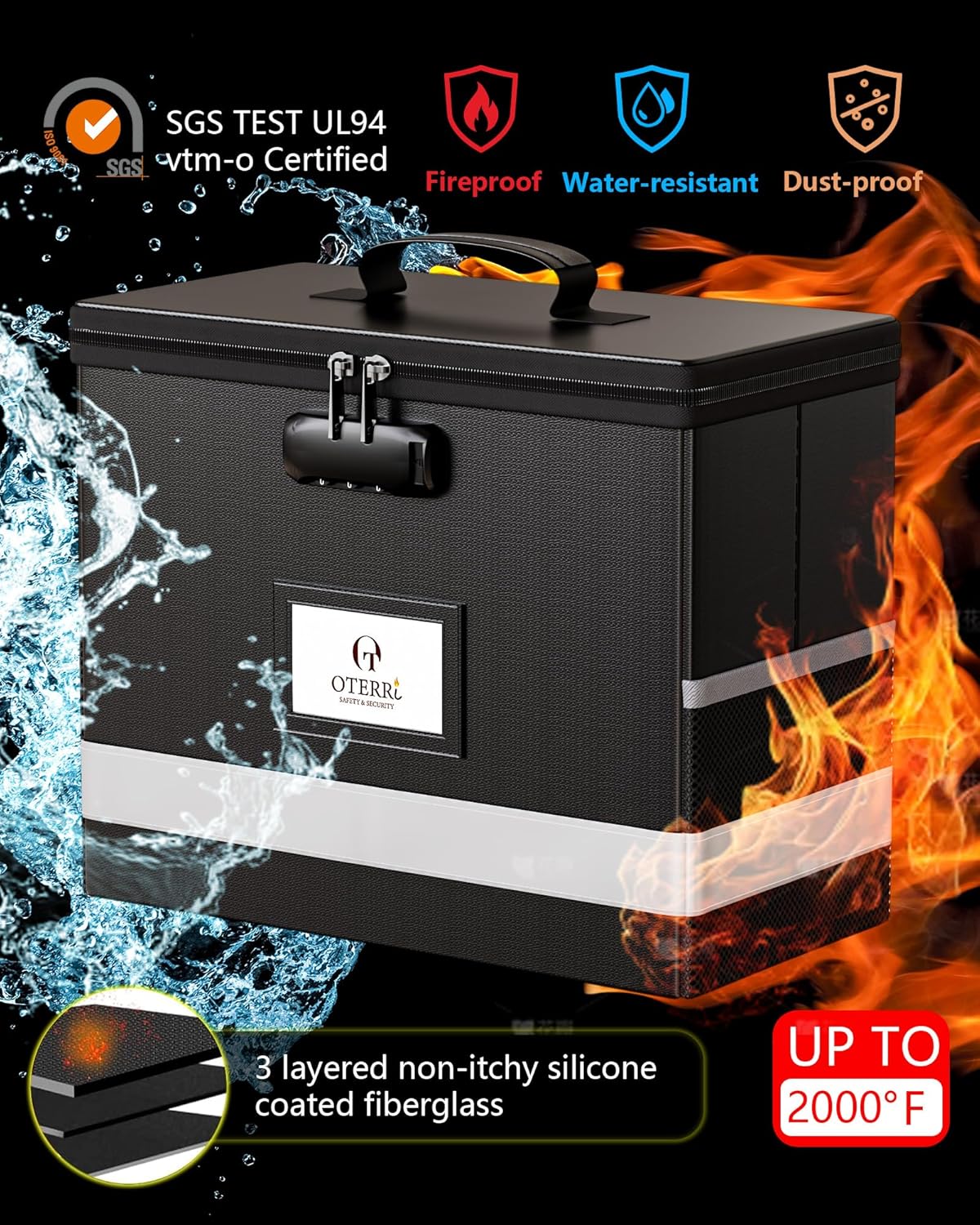 Oterri 2 Pack Fireproof Document Box With Lock, Portable File Safe Box Fireproof Waterproof For Letter Files, Collapsible Fireproof File Box With Handle Black