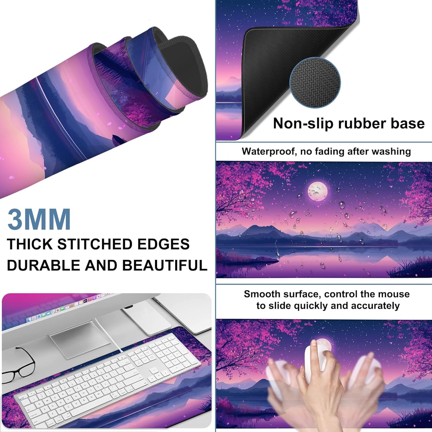 Gaming Desk Pad Large Extra Length Starry Sky Full Moon Mouse Pad Keyboard Laptop Non-Slip Waterproof with Rubber Base Thick Stitched Edge Mouse Mat for Office Home 35.4 x 15.7 Inches