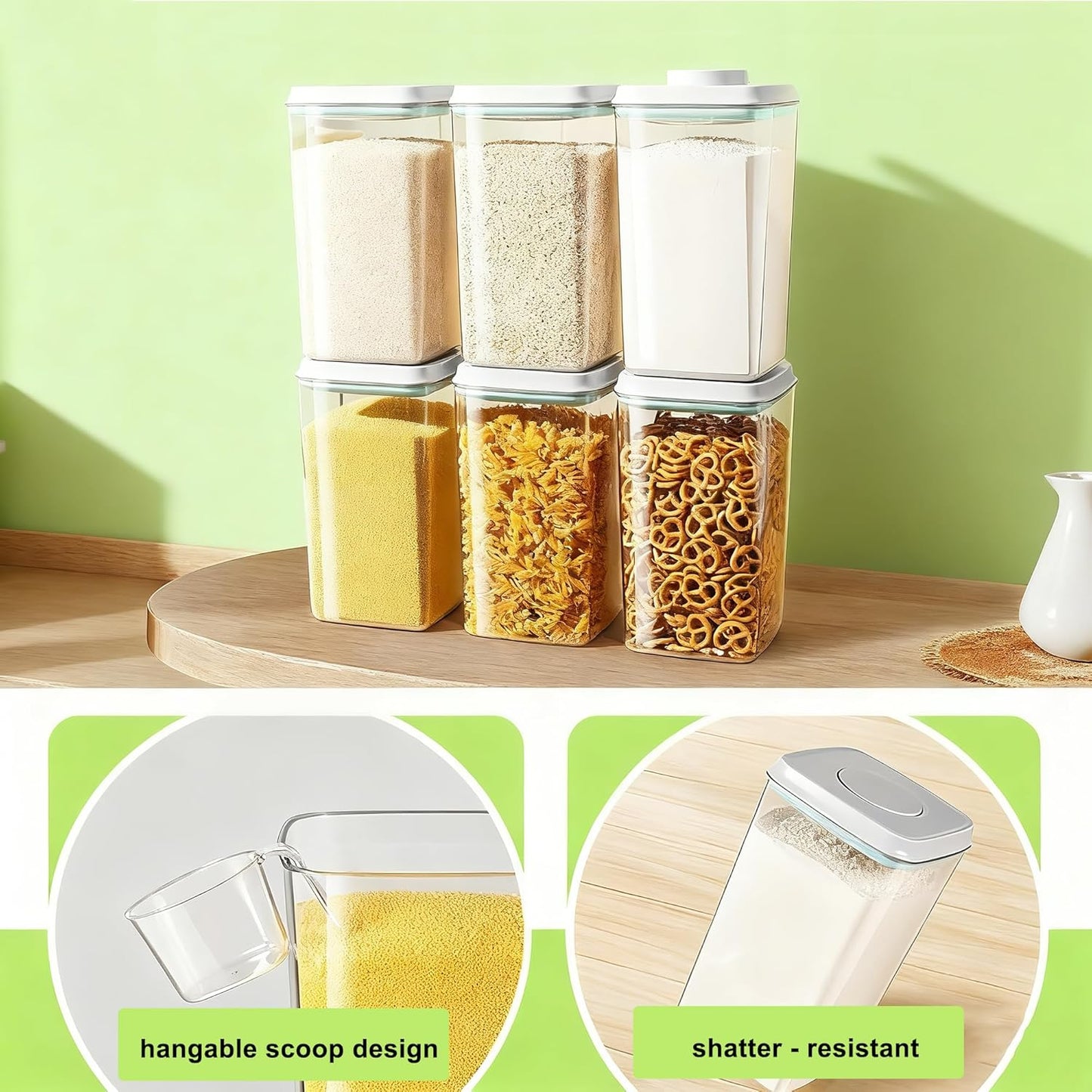 Airtight Food Storage Container with Pop Lid & 130ml Scoop, 4L/4.2qt *2 BPA-Free Cereal, Rice, Flour, Pasta & Snack Container, Stackable & Durable,Kitchen Pantry Organizer