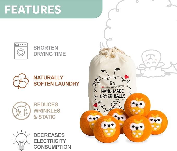 Calindiana 100% Organic Premium New Zealand Wool Dryer Balls Laundry Reusable Fabric Softener, Cute Dryer Sheets Alternative, Anti Static XL Size 6 Pack, Orange Owl
