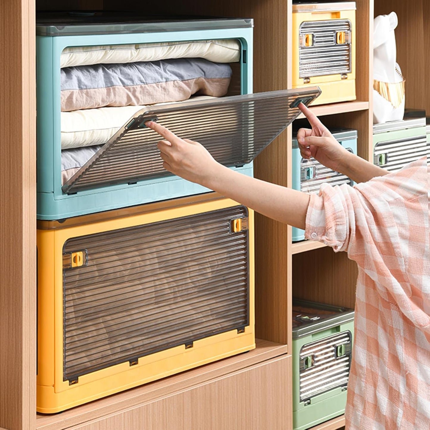 3 PACK Stackable Storage Bins, 50 Liters Closet Organizers with 3 Lids, Wheels, Drawers, Foldable Collapsible Box for Clothes and Camping Out Doors Bins, Orange