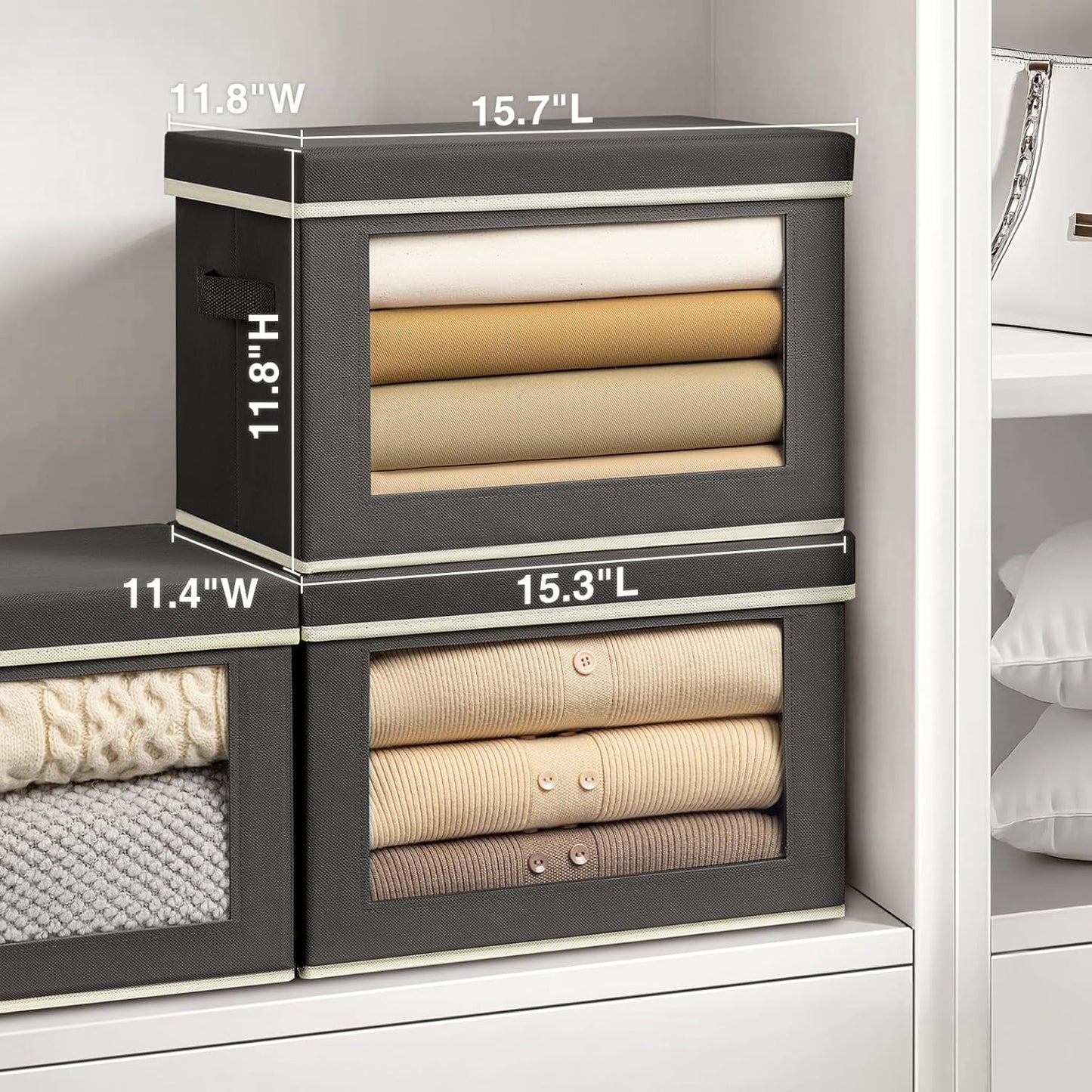 Stackable Storage Bins with Lids - Large Storage Box with Lids, Foldable Closet Boxes for Organizing, Wardrobe Clothes Organizer with Window, Cubes Bins for Living Room, 6 Pack, Dark Grey