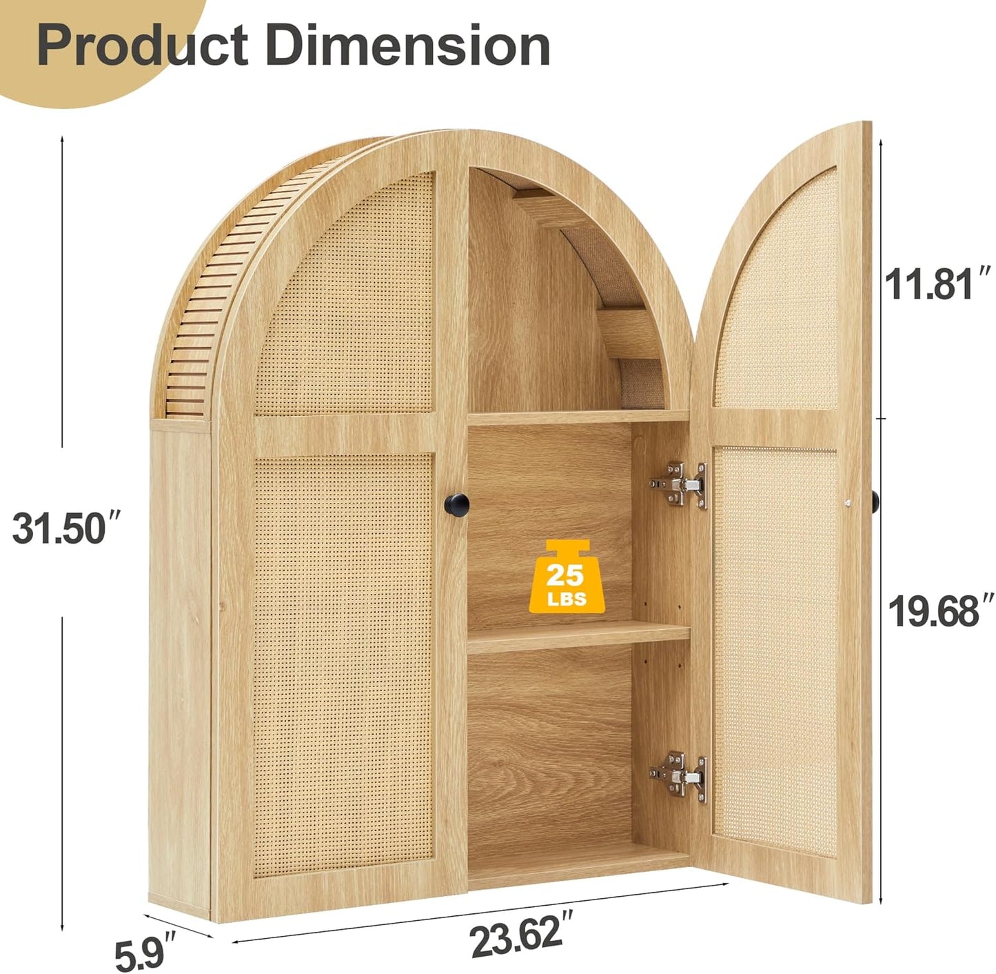 Turtle Myrtle Bathroom Medicine Cabinet Wall Mounted, Arched Wall Cabinet with Adjustable Shelf & Doors, Floating Cabinet for Wall Over The Toilet Storage Cabinet Space Saver,Natural