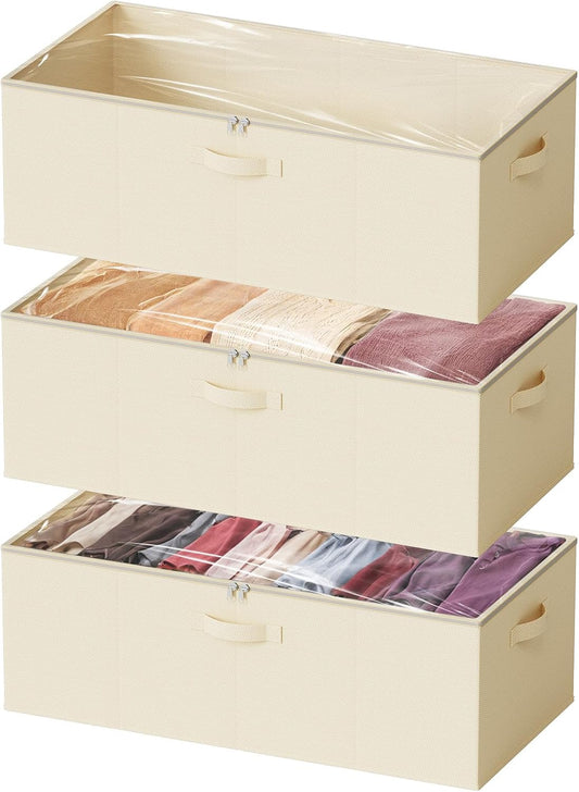 SpaceAid 3 Pack 10" High Under Bed Storage Containers, Large Underbed Storage Organizer Bins with Lids for Bedroom, Dorm, Clothes, Closet Organization, Bed Sheets and Blankets (Beige)