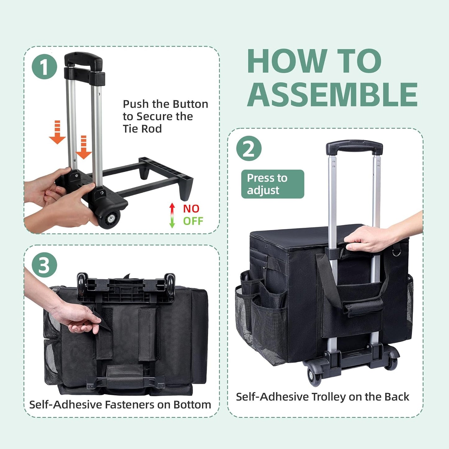 Large Rolling Cleaning Caddy Bag with Wheels, with Detachable Trolley, Cleaning Bags on Wheels for Housekeepers, Cleaning Cart Supplies Organizer for Home, Car, Picnic (Black)