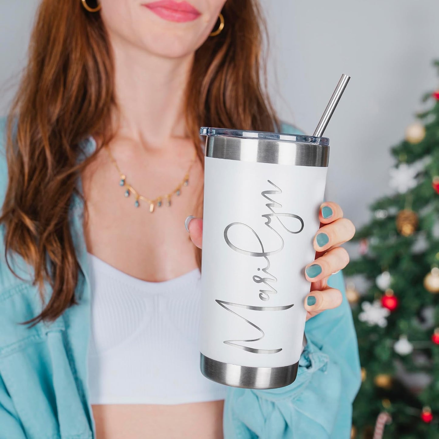 Personalized Tumbler with Engraved Name - 12 Designs, 20 Oz Coffee Tumbler with Slider Lid, White, Double Wall Insulated - Custom Gifts for Women