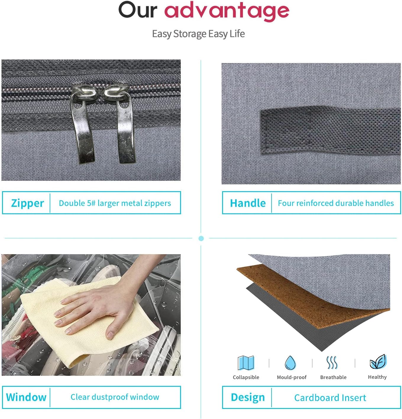 Onlyeasy Under Bed Shoe Storage Organizers for Kids and Adults Fit 14 Pairs of Shoes & 4 Pairs of Boots, Sturdy Underbed Organizer with 2 Strong Zippers and 4 Handles, Linen-like Grey, MXDUBS14S4