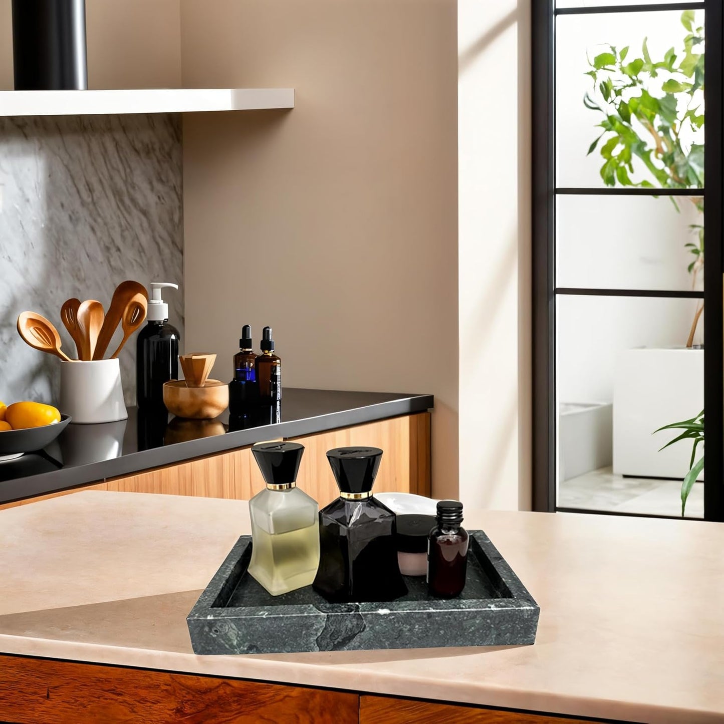 Natural Green Marble Tray for Bathroom | Kitchen | Vanity | Desktop, Stone Organizer for Coffee Table, Dresser, Nightstand, Candles, Soap, Towel, Plant, Jewelry (10" x 6"), Rectangular