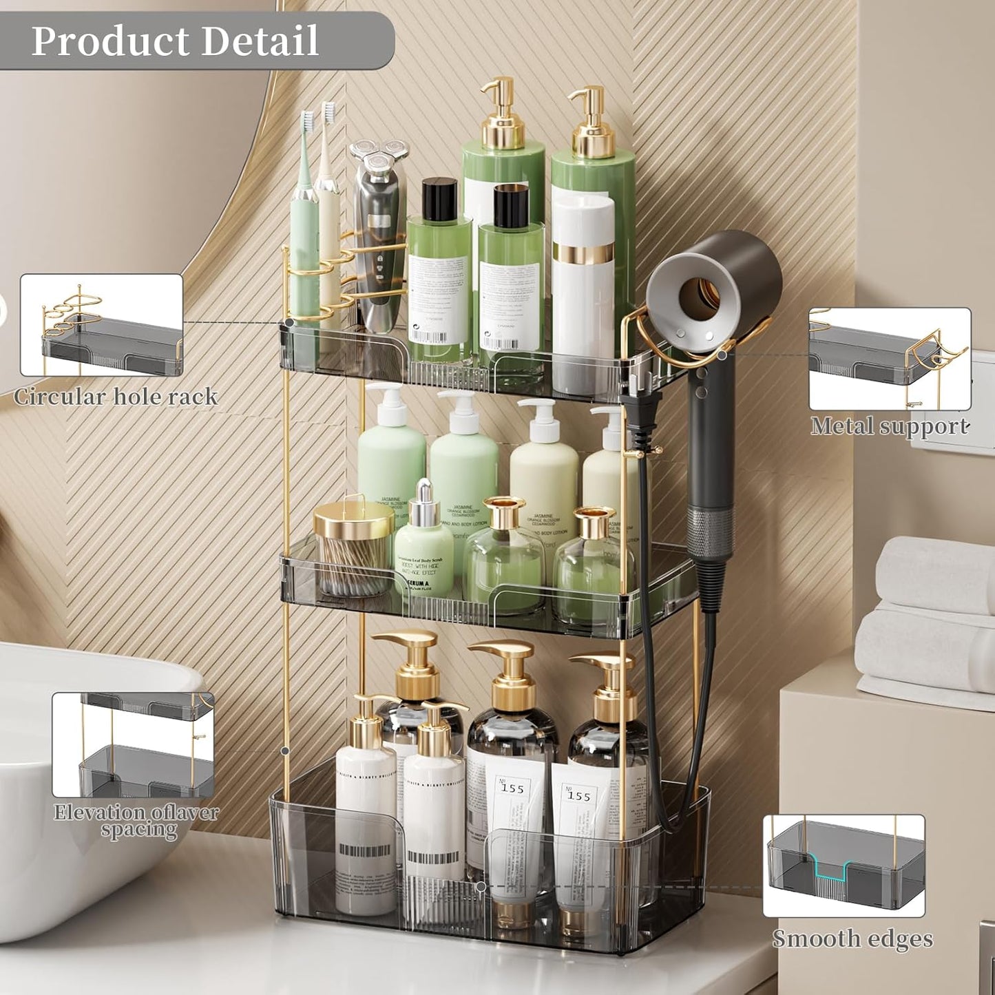 YCIA&DONE Bathroom Counter Organizer, Large Makeup Organizer Countertop, Shelf Storage, Vanity Tray, Easily Assemble for Bathroom Organizers and Storage, Undersink, Cabinet, 3 Tiers Grey