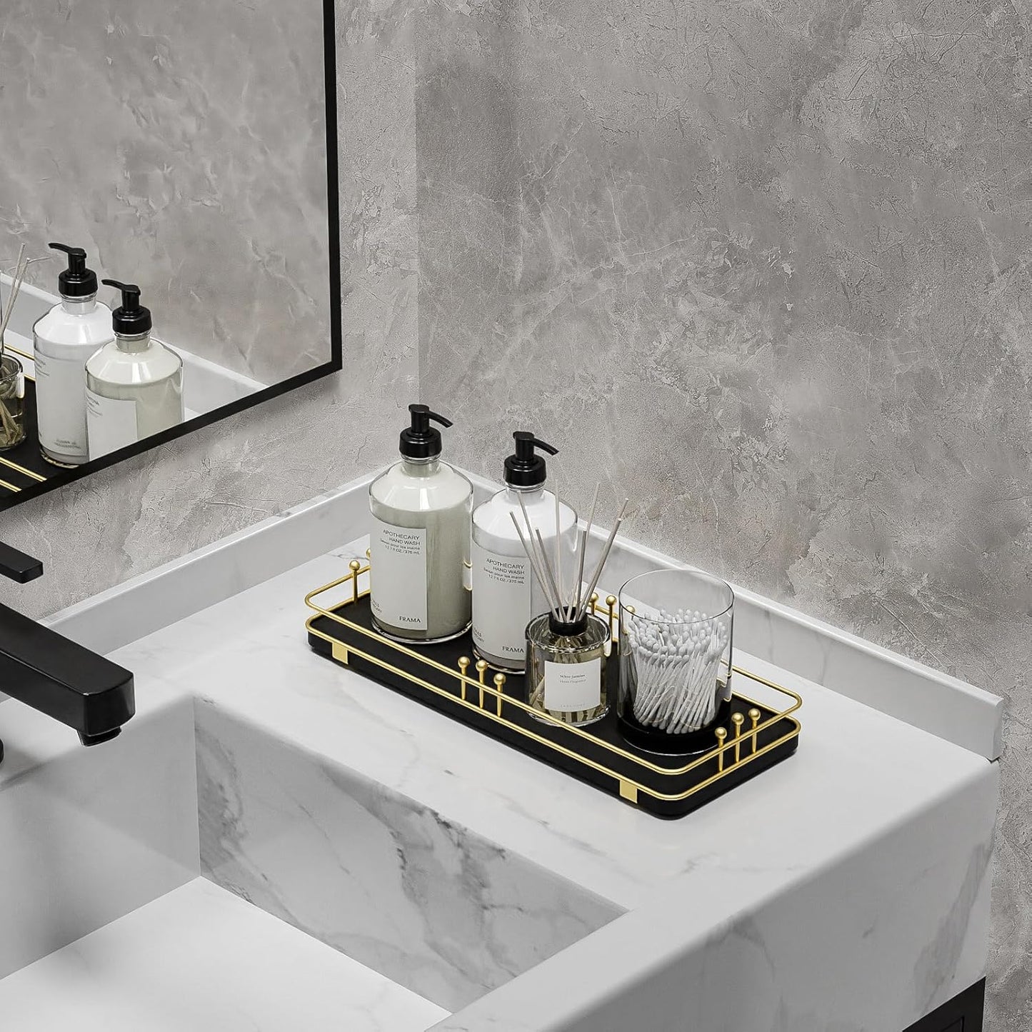 Bathroom Vanity Tray for Countertop Toiletries Perfume Makeup Soap Dispenser Toilet Tank, Kitchen Tray for Salt Spice, Decor Tray for Candle Nightstand Coffee 11.3”x 4.4” Black-Gold