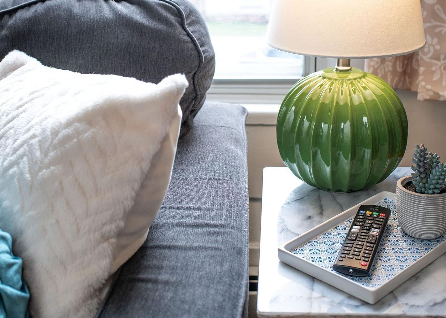 NAT & Jules 10 x 6 Ceramic Stoneware Vanity Tray - Perfect Bathroom or Kitchen Counter Organization Décor: Sponge Holder, Soap Dish, Jewelry and Perfume Tray, Patterned Blue