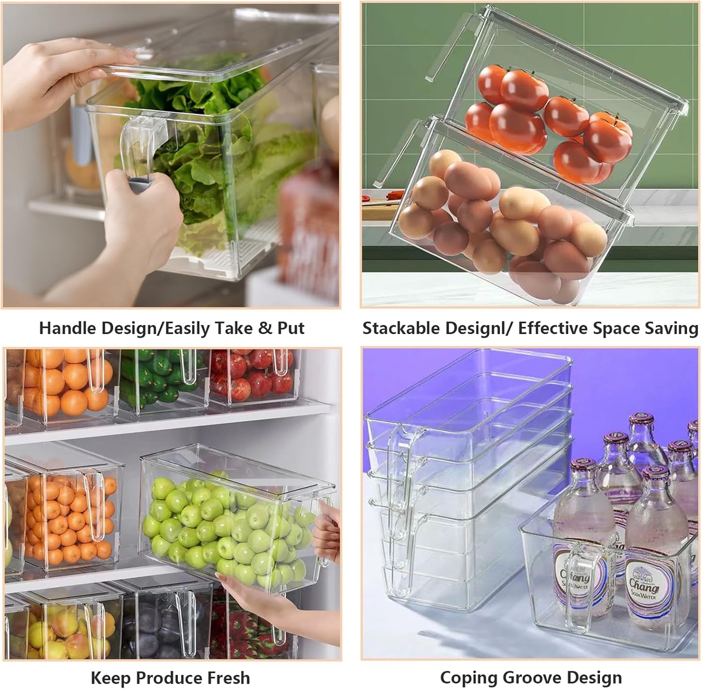 2 Pack Fruit Containers for Fridge, Stackable Ice Container for Freezer with Handles, Clear Pantry Organization and Storage, Kitchen Organization for Food Vegetable Salad with Lids