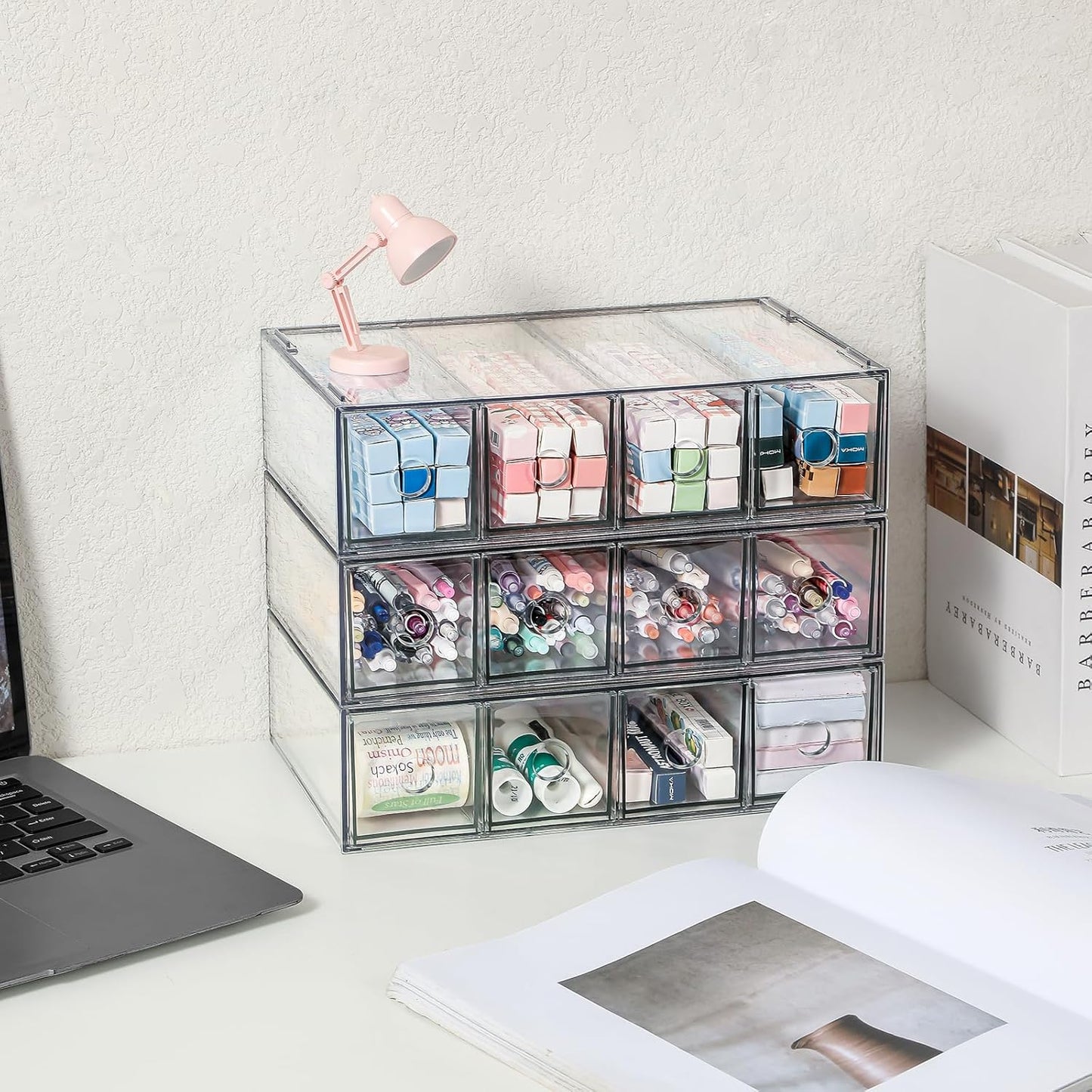 3-Pack Stackable Acrylic Storage Drawers, Desk Organizer Transparent Cosmetic Storage Boxes, 4 Compartment Design Suitable for Stationery, Dressing Table, Sunglasses, Jewelry Storage Organization