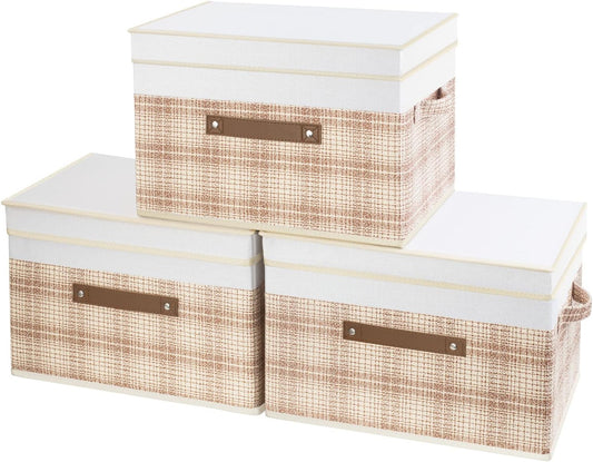 TYEERS Collapsible Storage Bins with Lids, Patchwork Design, Washable, Fabric Storage Boxes, 14.9x9.8x9.8 inches, 3 Pack, Camel Tan